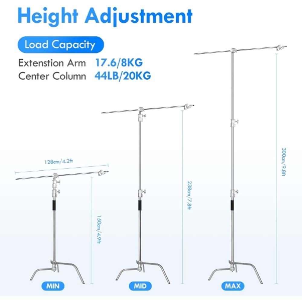 DP Boom kollu C stand, 330 cm ayarlanabilir çelik aydınlatma tripodu, tutma kollu, bacaklı