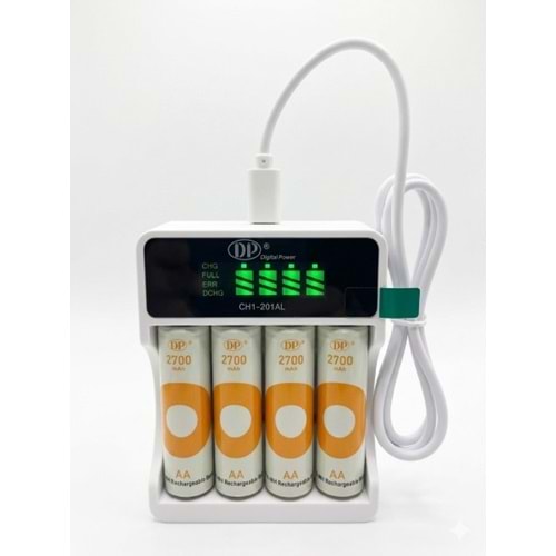 DP-CH1-201AL 4lü PİL USB LCD Şarj Aleti Şarj Cihazı+4 Adet AA 2700 mAh Şarjlı Kalem Pil Hediyeli