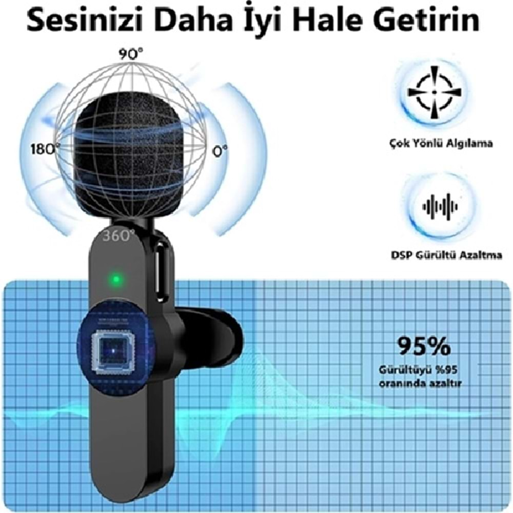 DP Wireless 3IN1 (Kablosuz Mikrofon) Type-C - Lightning -3,5mm Jak Çiftli Yaka Mikrofonu